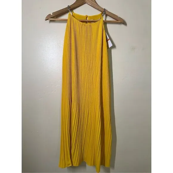 Michael Kors Women’s Dandelion Yellow Pleated Dress With Logo Strap - Picture 3 of 7